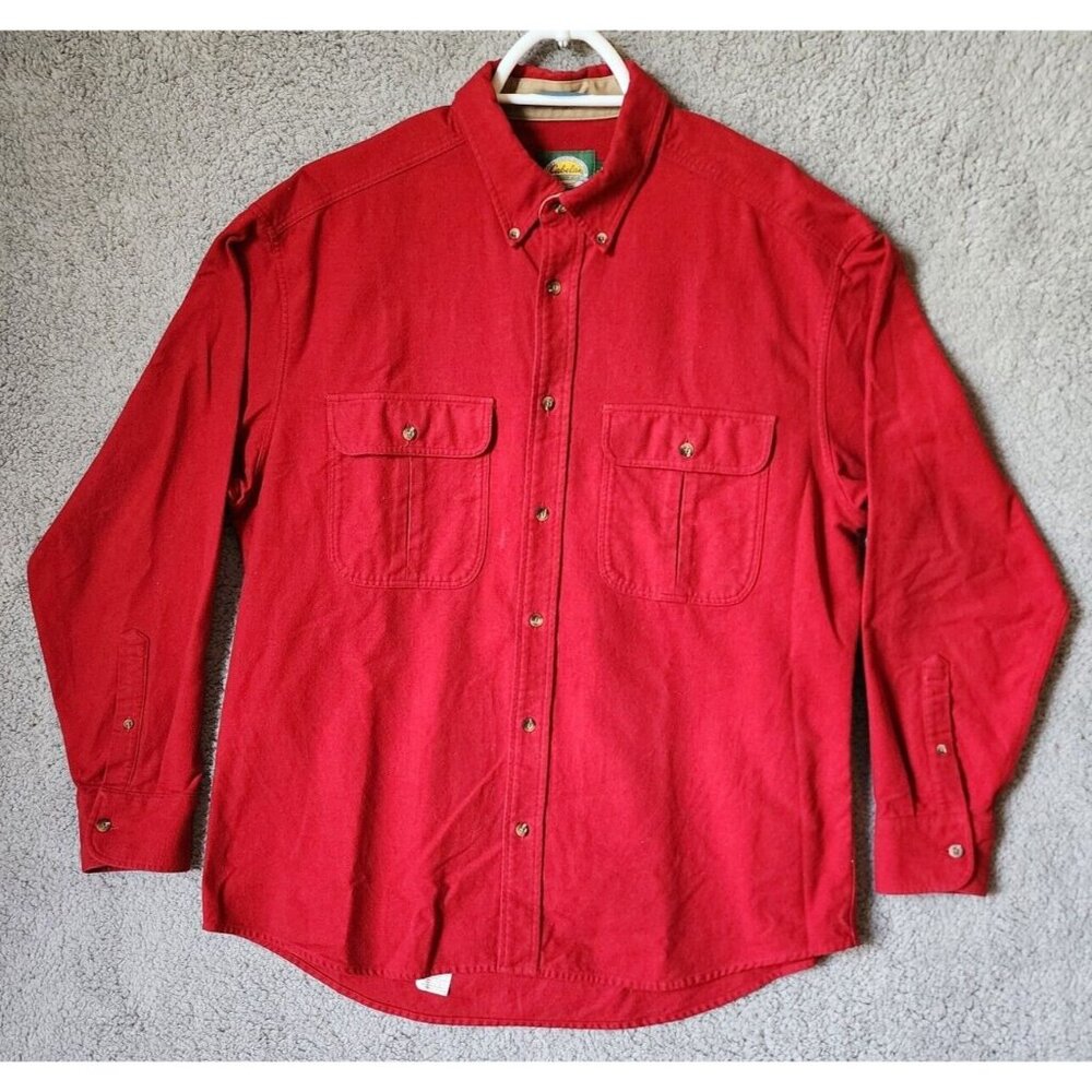 Cabelas Red Heavy Cotton Flannel Chamois Long Sleeve Button Down Shirt‎ Size L